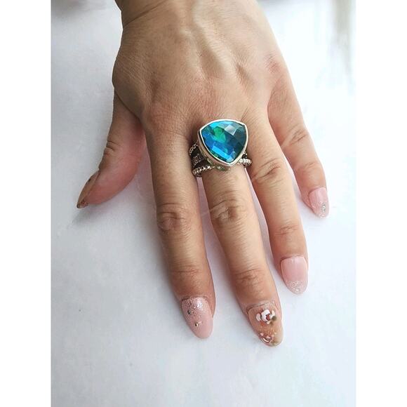 Sajen Sterling 925 Silver Caribbean Blue Quartz Large Ornate Ring Size 8 1/2 - Picture 1 of 12